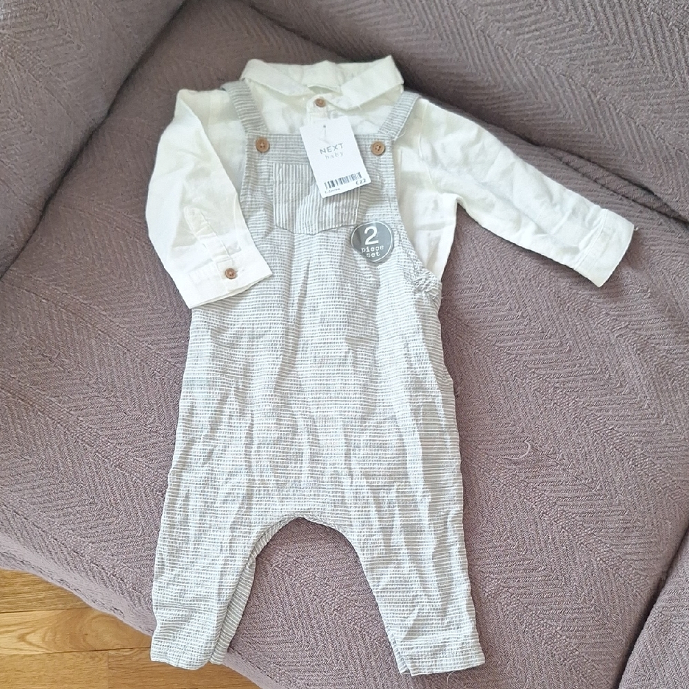 NWT! Next White Shirt and Gray Overalls Set